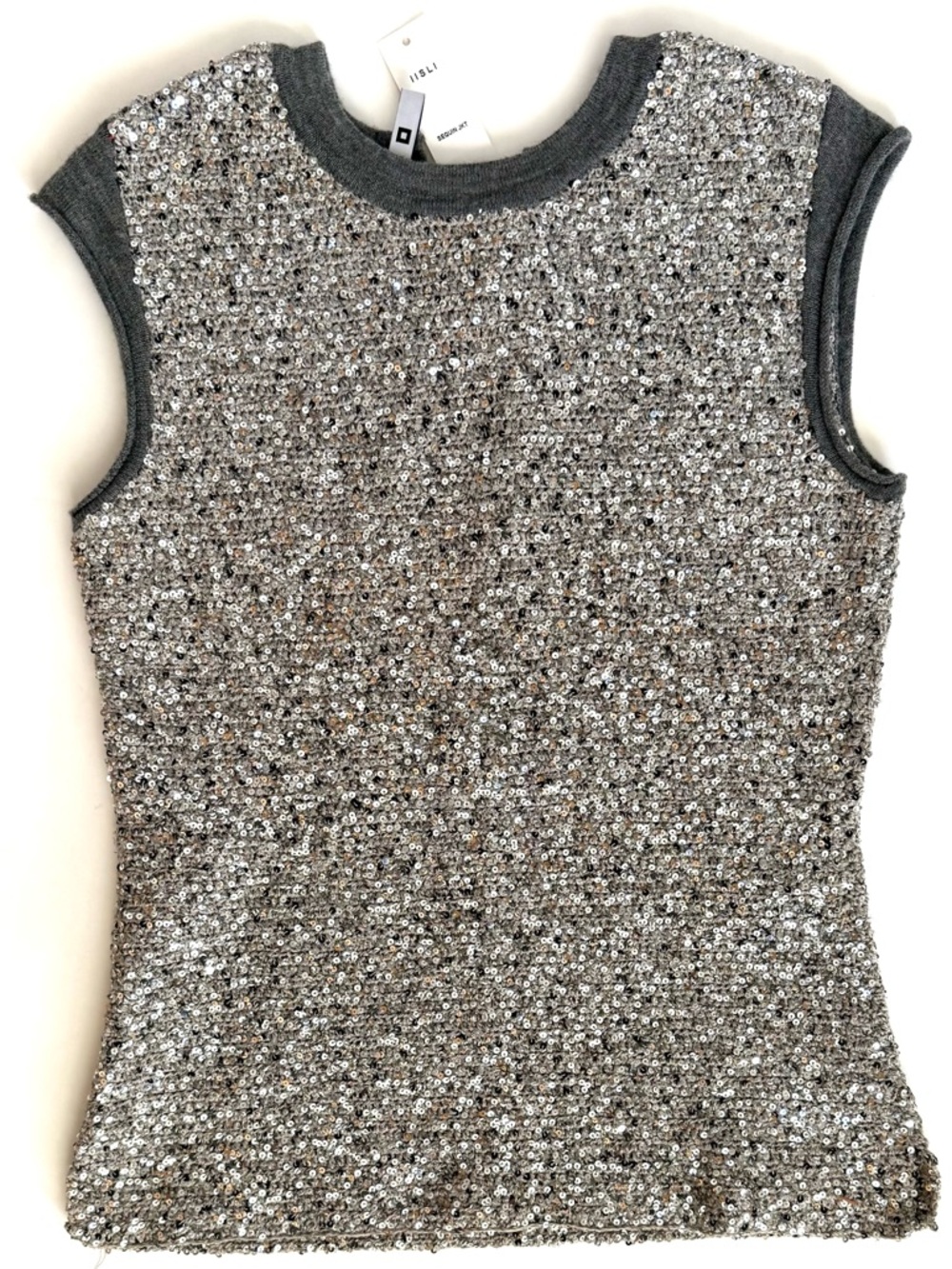 IISLI NWT Sequin-Embellished Grey Sleeveless Knit Top